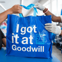 Sustainability 14 Two people holding a goodwill tote close up