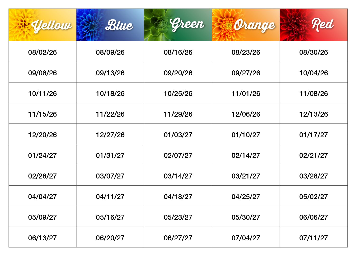 Color of the week schedule Color of the week schedule